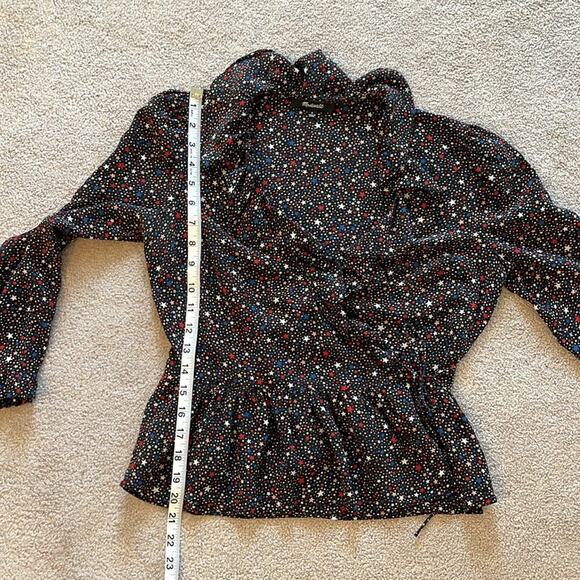 Madewell 100% Silk Ruffle Hem Wrap Top Size S Starry Night Boho Whimsigoth - Picture 10 of 10